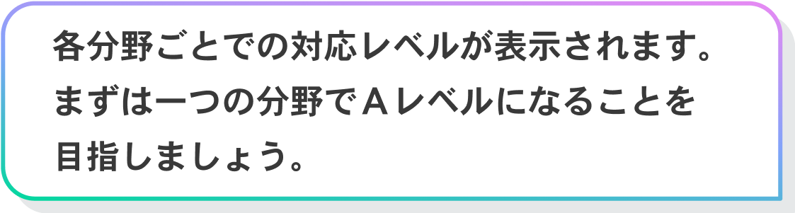 各分野ごとでの対応レベルが表示されます。まずは一つの分野でＡレベルになることを目指しましょう。