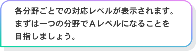 各分野ごとでの対応レベルが表示されます。まずは一つの分野でＡレベルになることを目指しましょう。